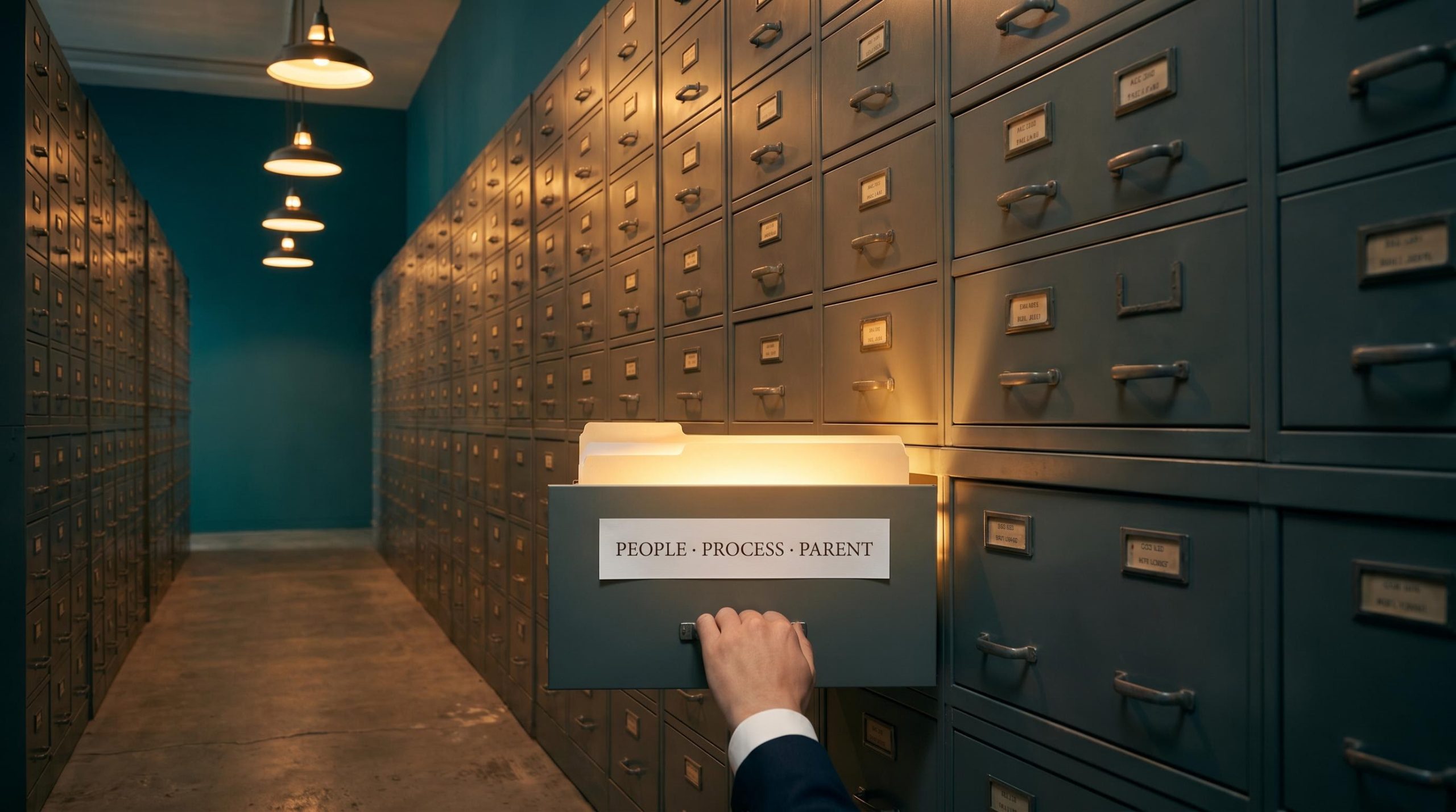 Expert hand selecting one glowing fund file from a vast perspective wall of drawers — how to evaluate funds and ETFs
