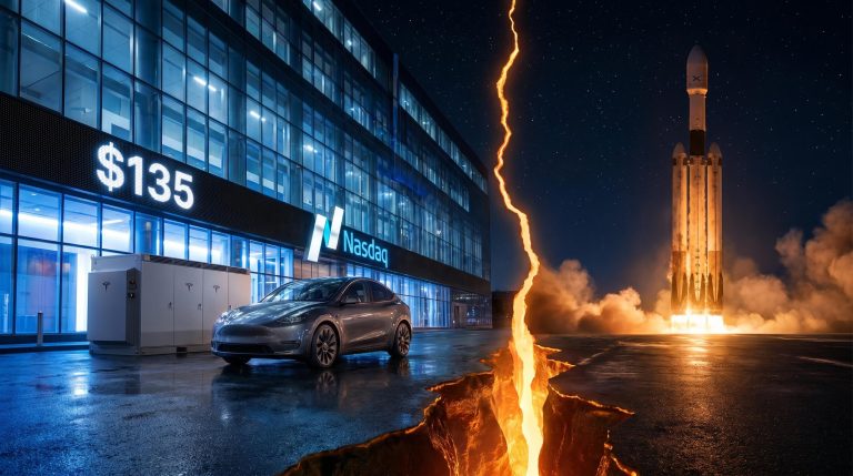 Tesla Megapack and SpaceX rocket split apart beneath a Nasdaq board showing $135 as merger thesis fractures