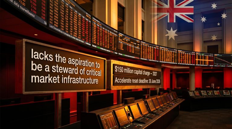 ASX trading infrastructure under ASIC inquiry scrutiny with $150 million capital charge and reform deadlines displayed