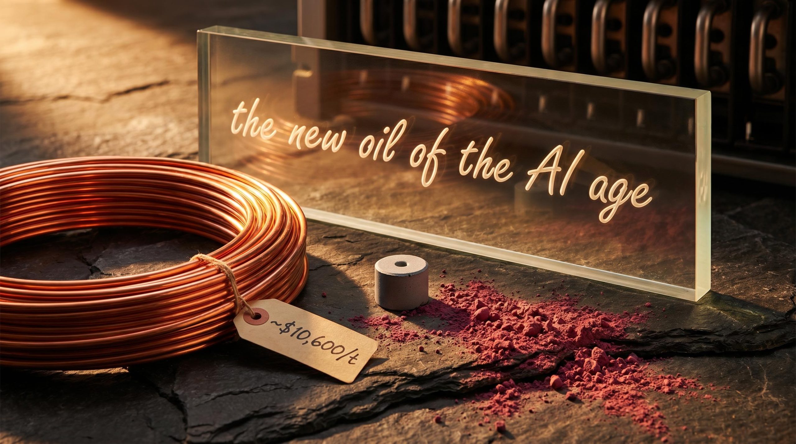 Copper wire, uranium pellet, and rare earth minerals on slate — the physical commodities powering the AI supercycle