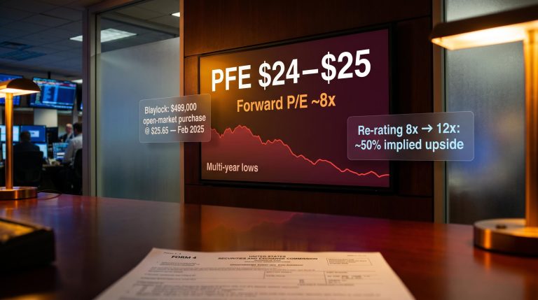 Pfizer PFE trading screen showing 8x forward P/E and $499,000 Blaylock insider buy near $25.65 multi-year lows