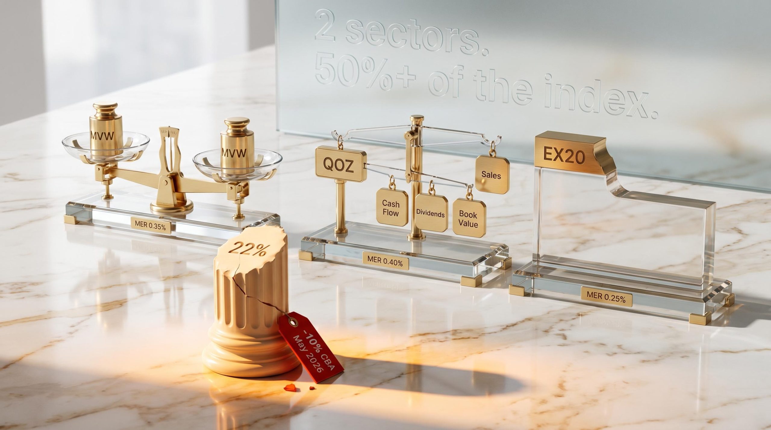 Three ETF diversification mechanisms — MVW, QOZ, EX20 — compared as brass instruments solving ASX 200 ETFs concentration risk