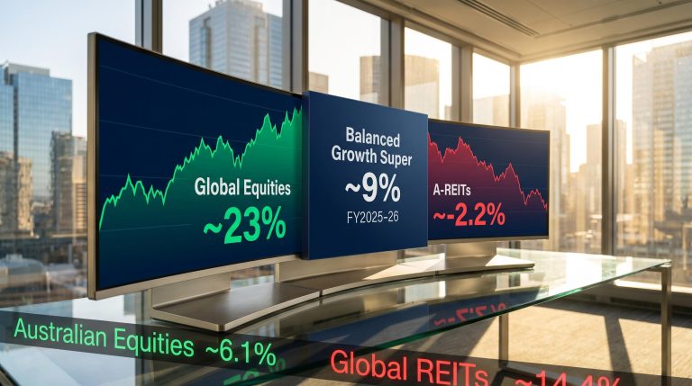 FY2025-26 asset class performance gap: global equities 23% vs A-REITs -2.2% on trading floor screens