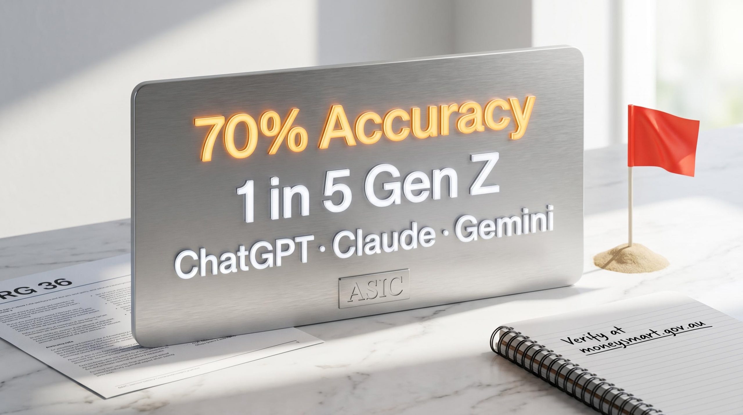 AI financial advice accuracy panel showing 70% rate, ASIC regulatory warning flag, and ChatGPT Claude Gemini tools