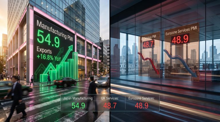 Japan PMI hits 54.9 as UK and eurozone services fall below 50, sharpest global PMI divergence of 2026