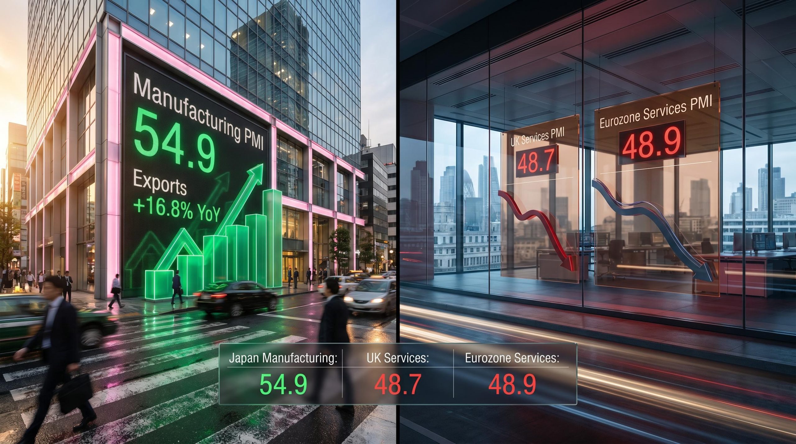 Japan PMI hits 54.9 as UK and eurozone services fall below 50, sharpest global PMI divergence of 2026