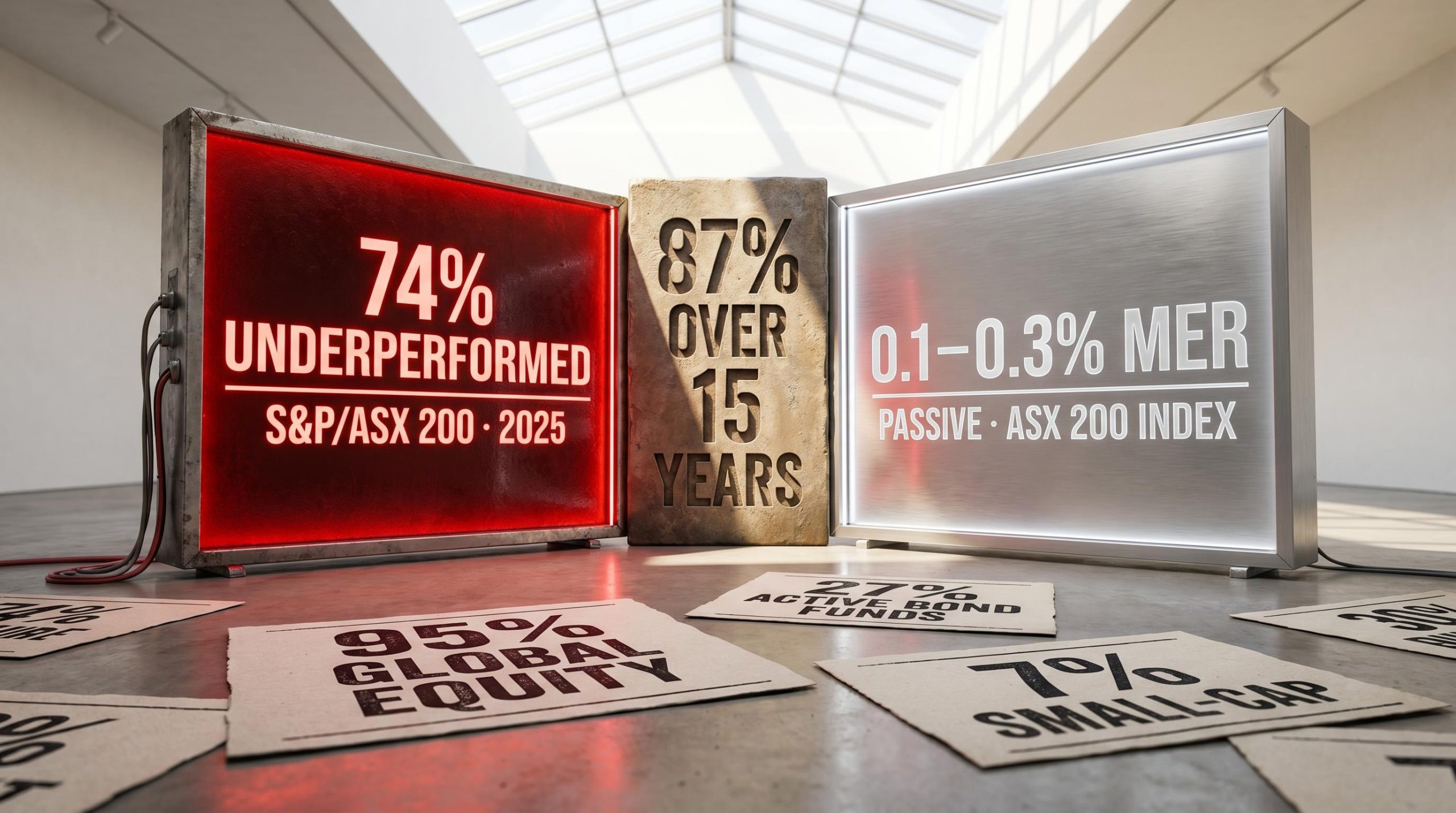 Split data panel showing 74% of Australian equity fund managers underperformed S