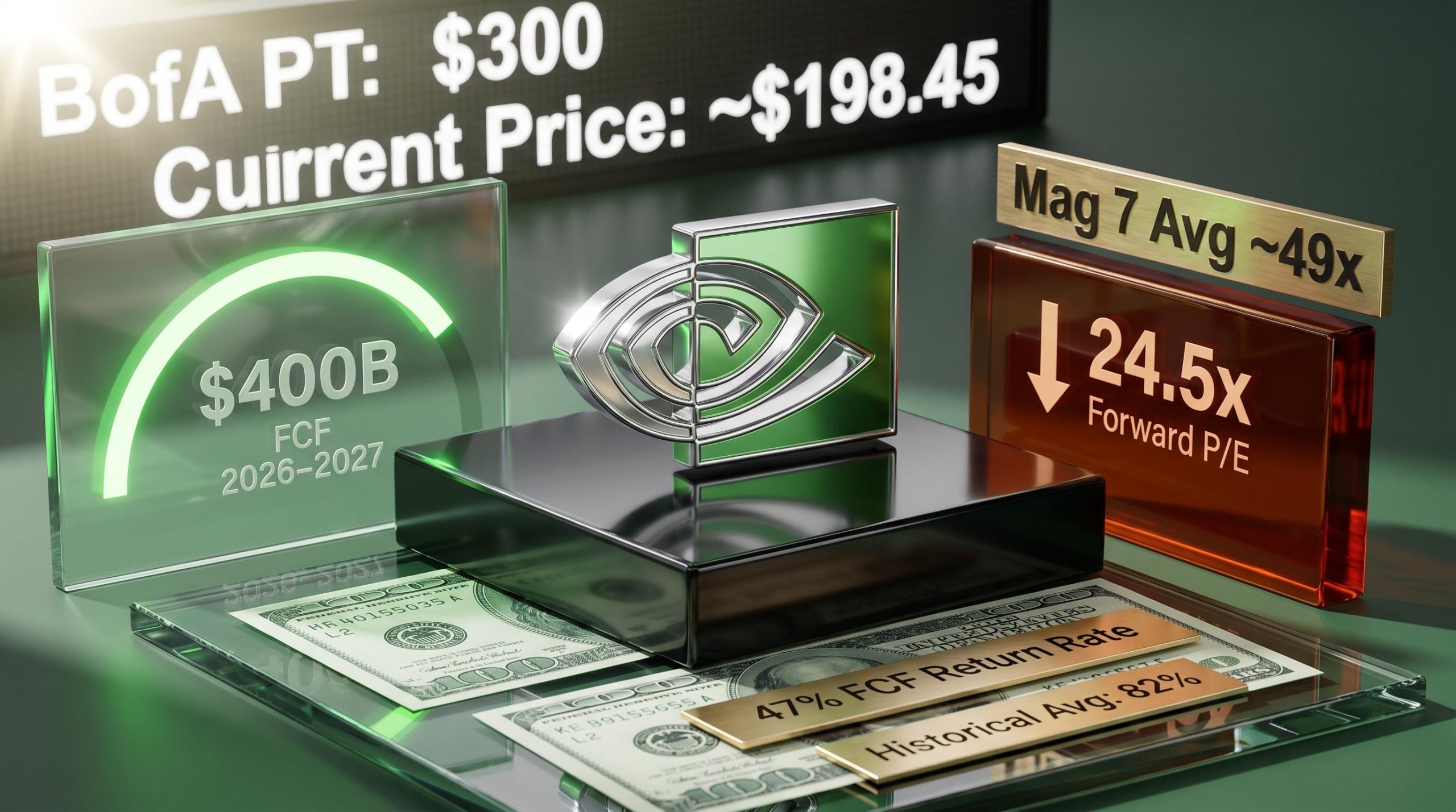 Nvidia chrome emblem on obsidian plinth with "$400B FCF" and "24.5x Forward P/E" engraved slabs illustrating stock valuation discount