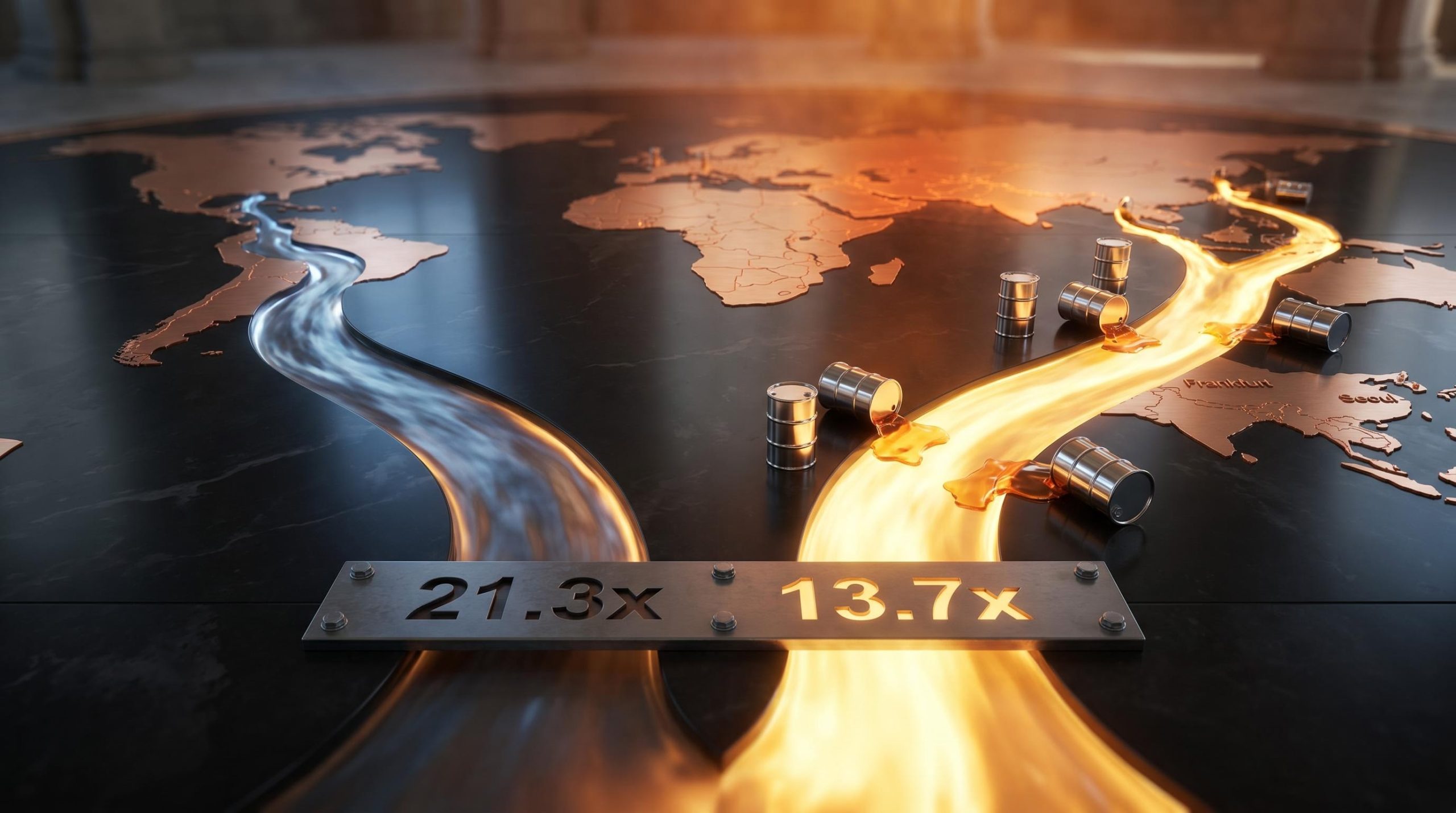 Molten capital streams diverging on a world map, 21.3x vs 13.7x P/E gap — international stock outlook 2026