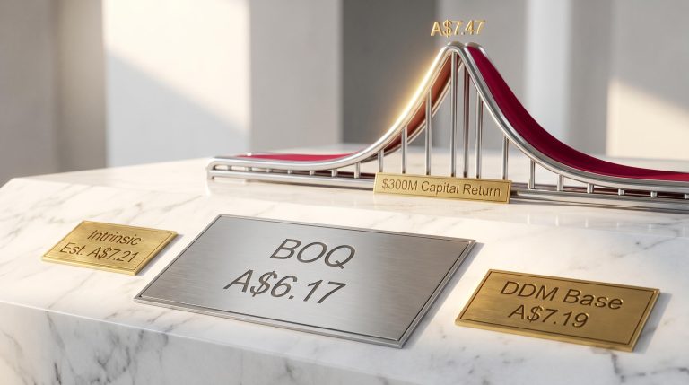 BOQ share price at A$6.17 versus intrinsic value estimates of A$7.19–A$7.21 with capital return context