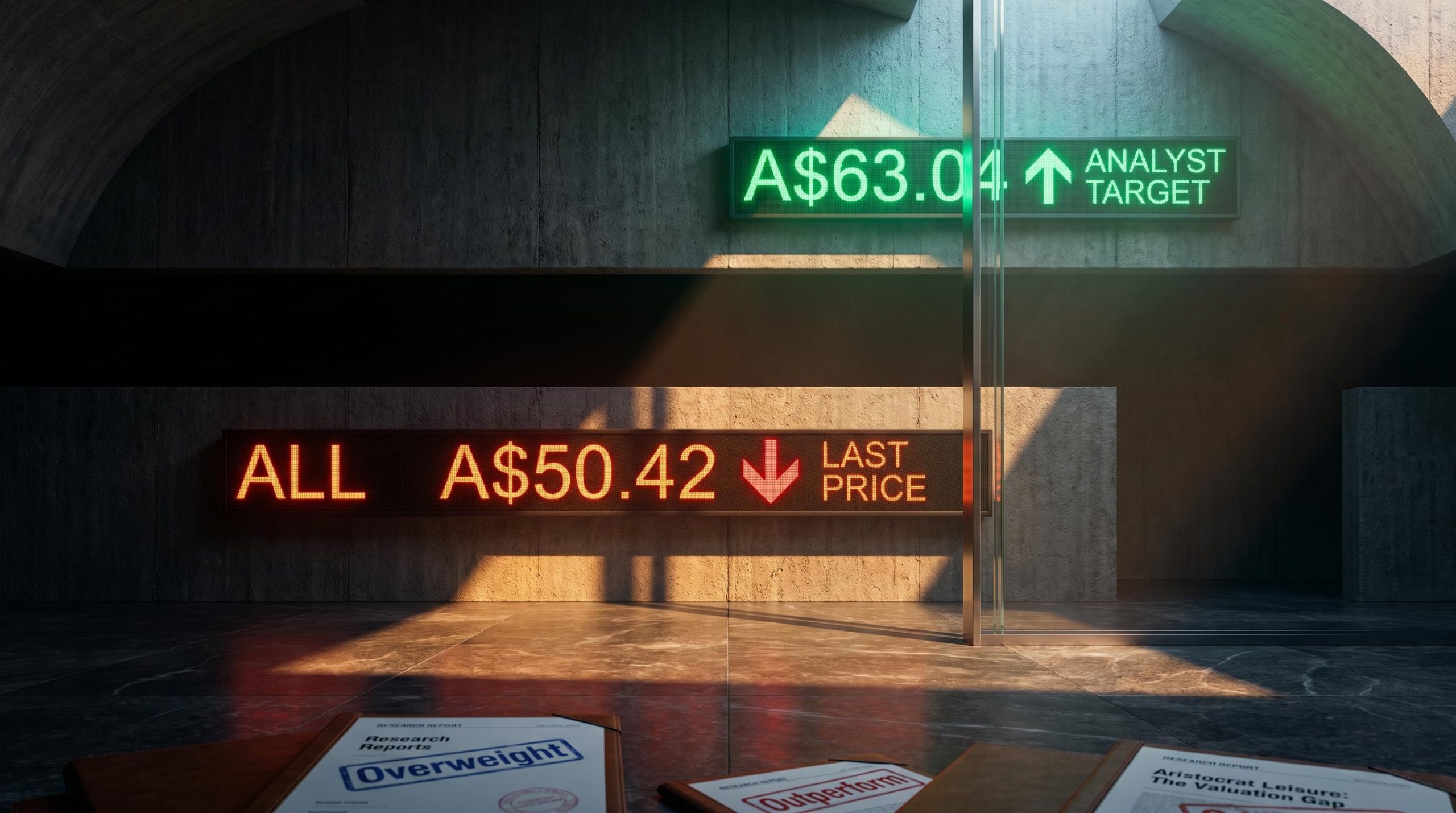 Aristocrat Leisure share price A$50.42 displayed below analyst target A$63.04, illustrating the 25% valuation gap