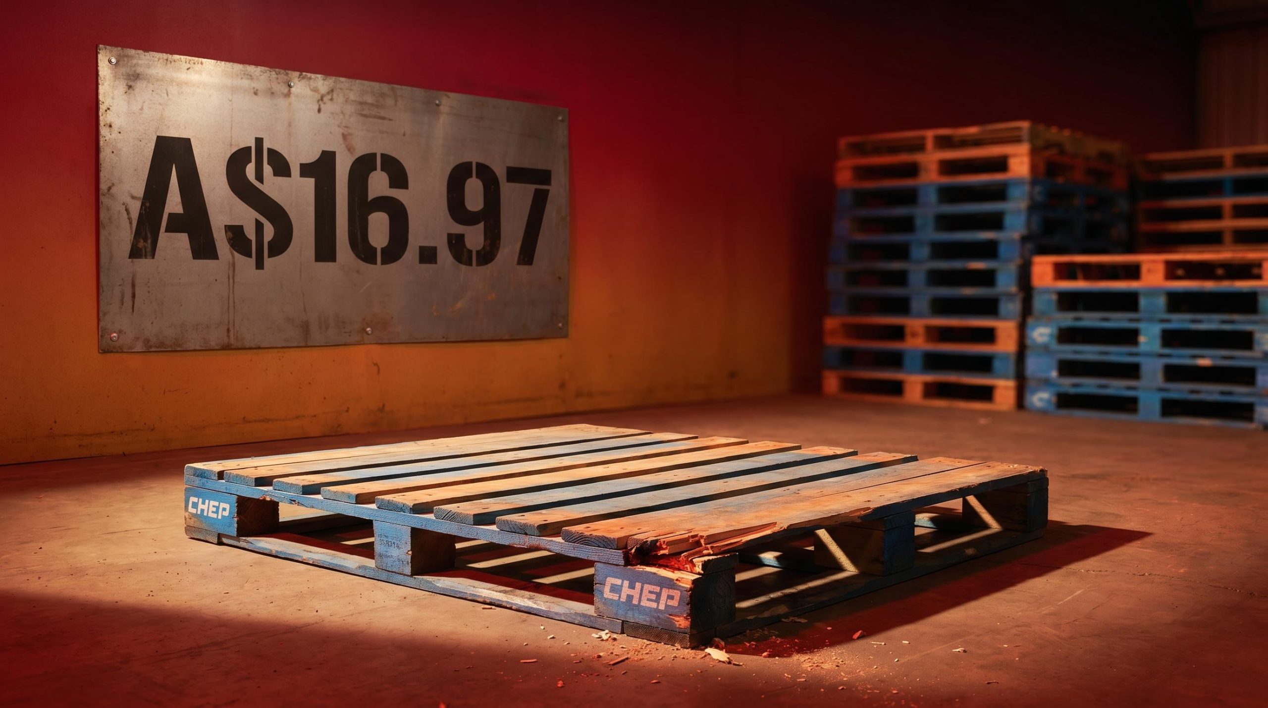 Cracked CHEP pallet in amber-lit warehouse with A$16.97 price board as BXB share price drops 27%