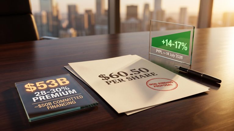Unsigned $60.50 per share term sheet on boardroom table with $53B valuation and financing data panels
