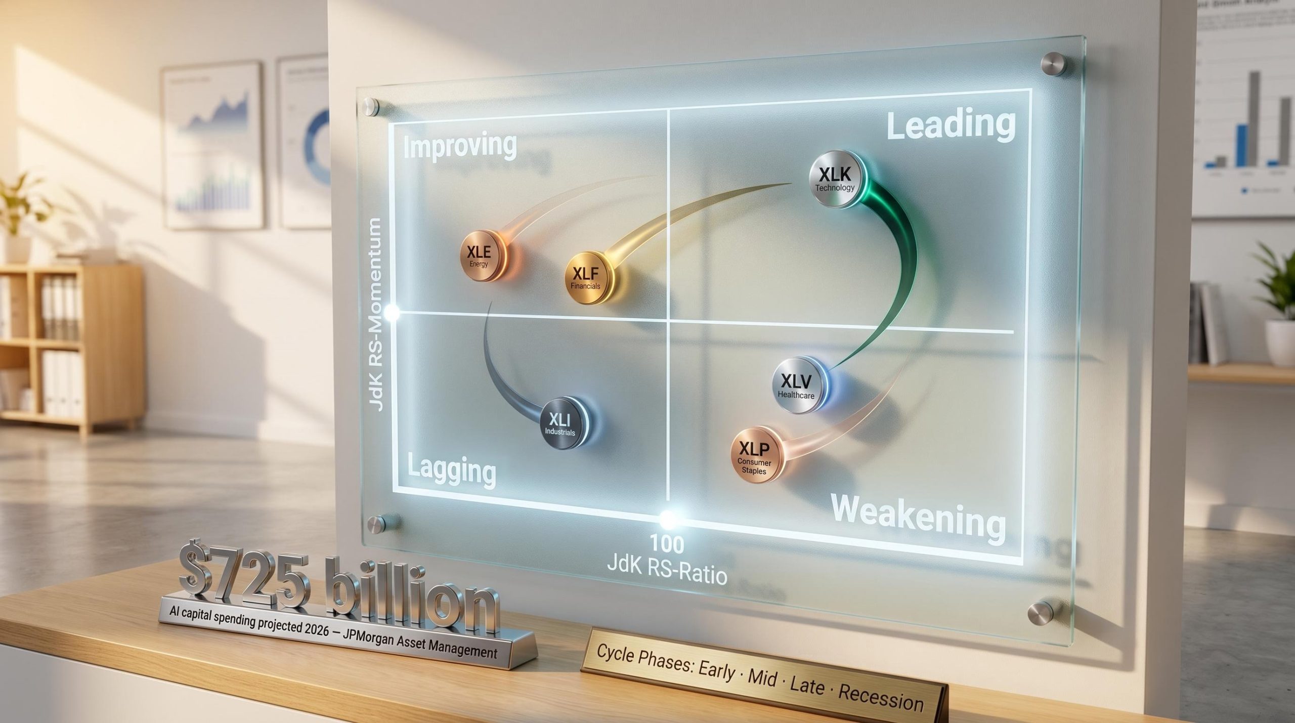 Sector rotation strategy visualised as a physical Relative Rotation Graph with cycle phases and $725B AI spending figure
