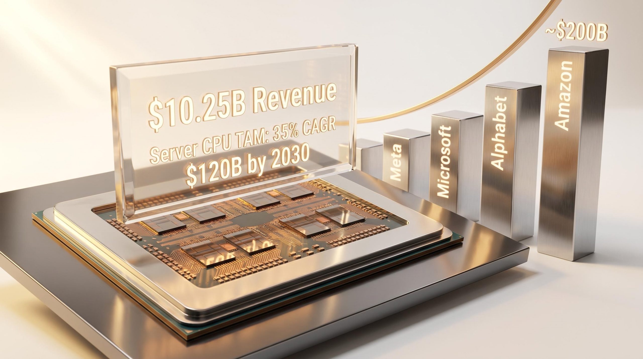 AMD EPYC CPU with "35% CAGR" and "$120B by 2030" server TAM figures lit in golden editorial still-life