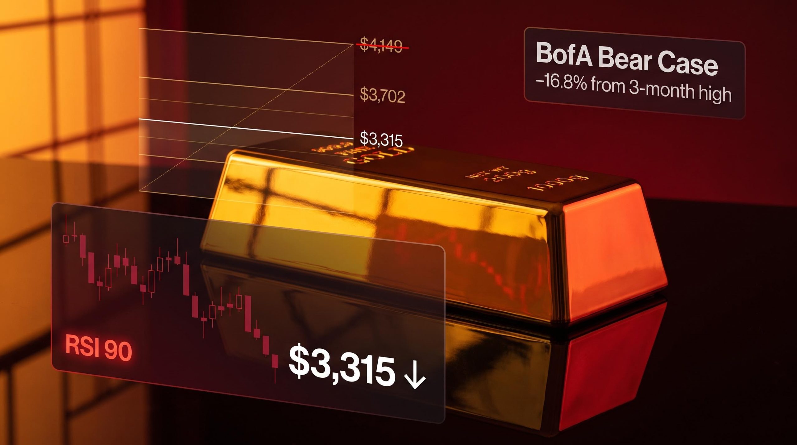 Gold bar with BofA bear-case data overlays showing $3,315 downside target and RSI 90 peak signal