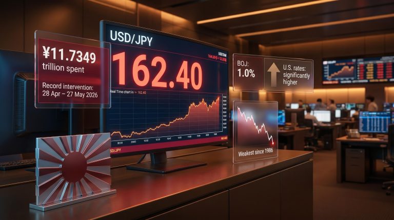 USD/JPY at 162.40 on Tokyo FX terminal with ¥11.7349 trillion intervention data panels — Japanese yen weakness since 1986