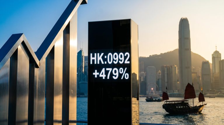 Lenovo HK:0992 LED display showing 479% profit surge against Hong Kong skyline at golden hour
