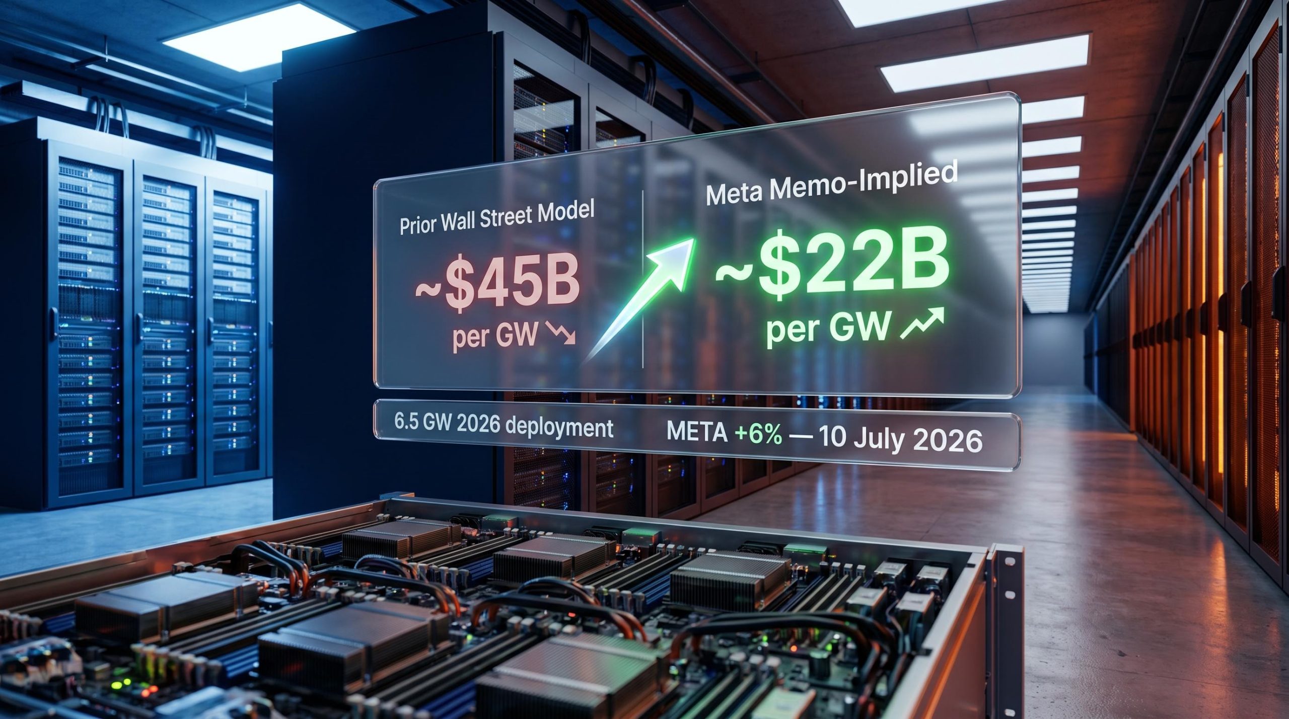 Meta AI infrastructure cost comparison panel — $45B vs $22B per gigawatt — inside hyperscale data centre, META 6%