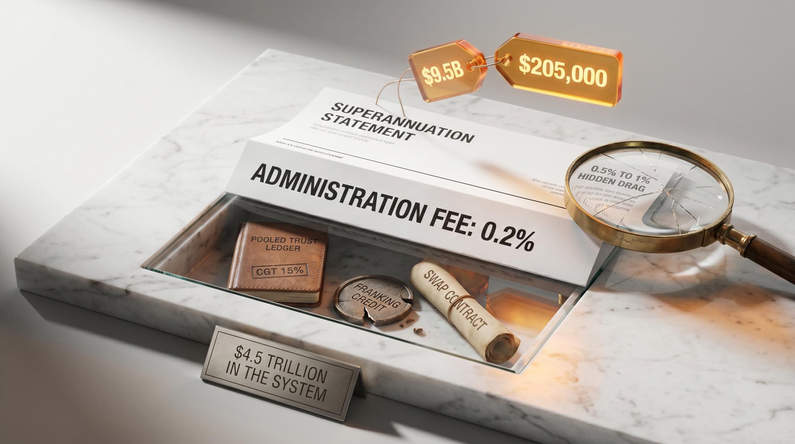 Superannuation statement showing "0.2%" fee beside hidden cost layers revealing $9.5B in fees and $205,000 retirement impact