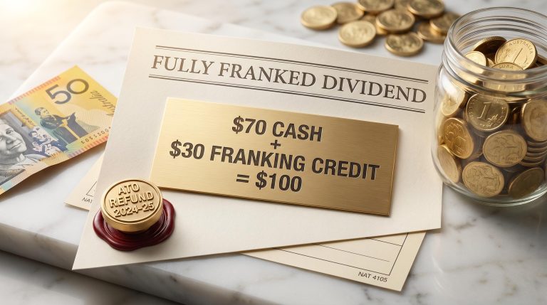 Australian dividend statement with franking credit breakdown showing $70 cash plus $30 credit equals $100 ATO refund