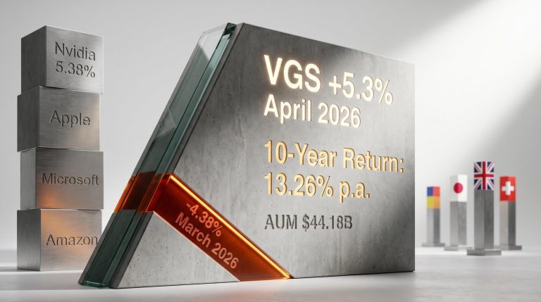 VGS ETF April 2026 rebound display showing 5.3% gain, 13.26% 10-year return, and US tech concentration