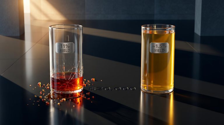 Two glass cylinders contrasting an 11% yield fund leaking wealth versus a low-yield index fund, illustrating risks of high yield funds
