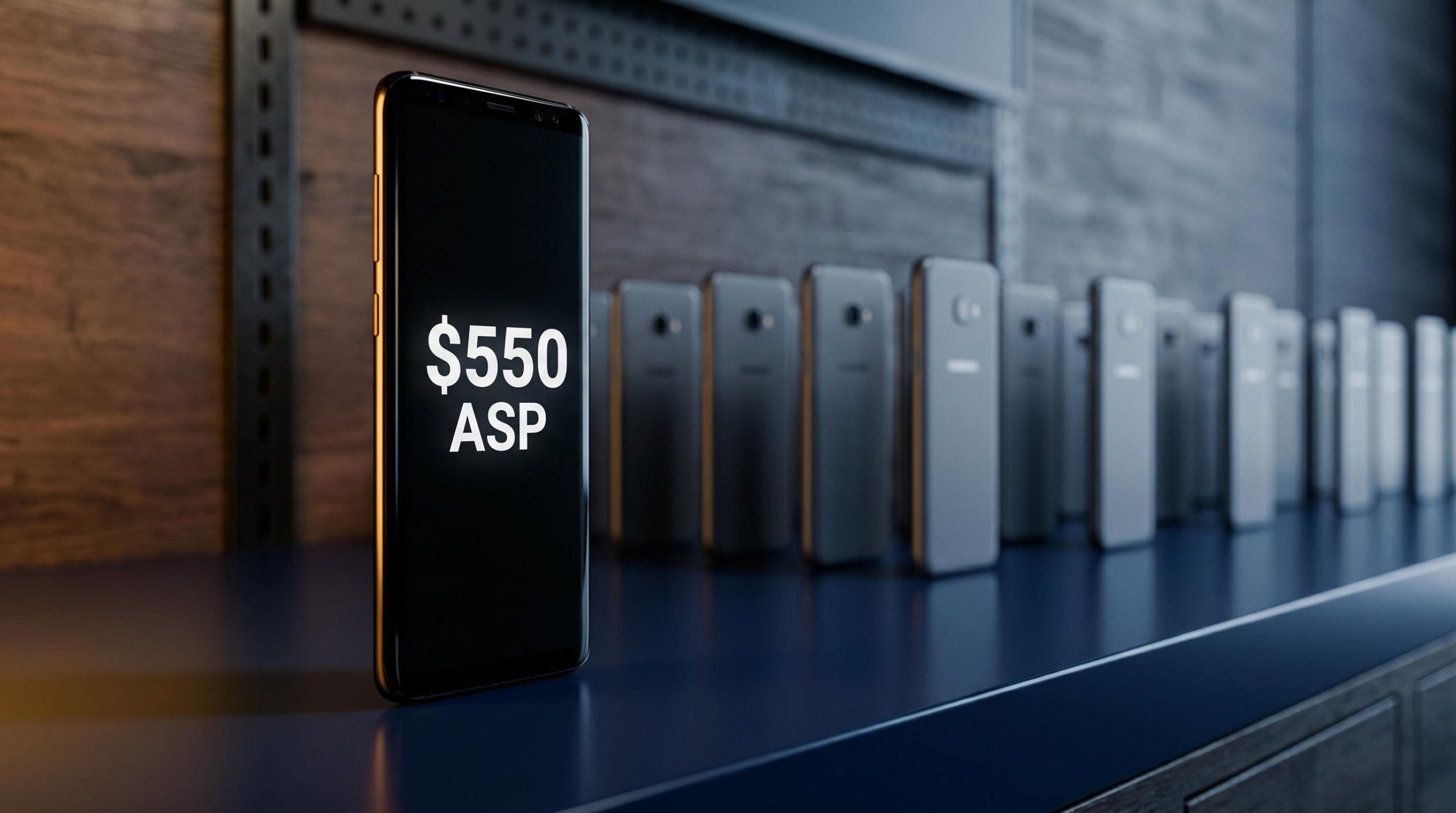 Premium smartphone towering over shrinking volume of budget devices, smartphone market analysis showing $550 ASP divergence