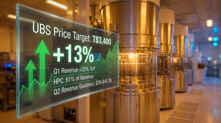 TSMC advanced fab with UBS T$3,400 price target and 35% revenue growth data displayed on foreground panel