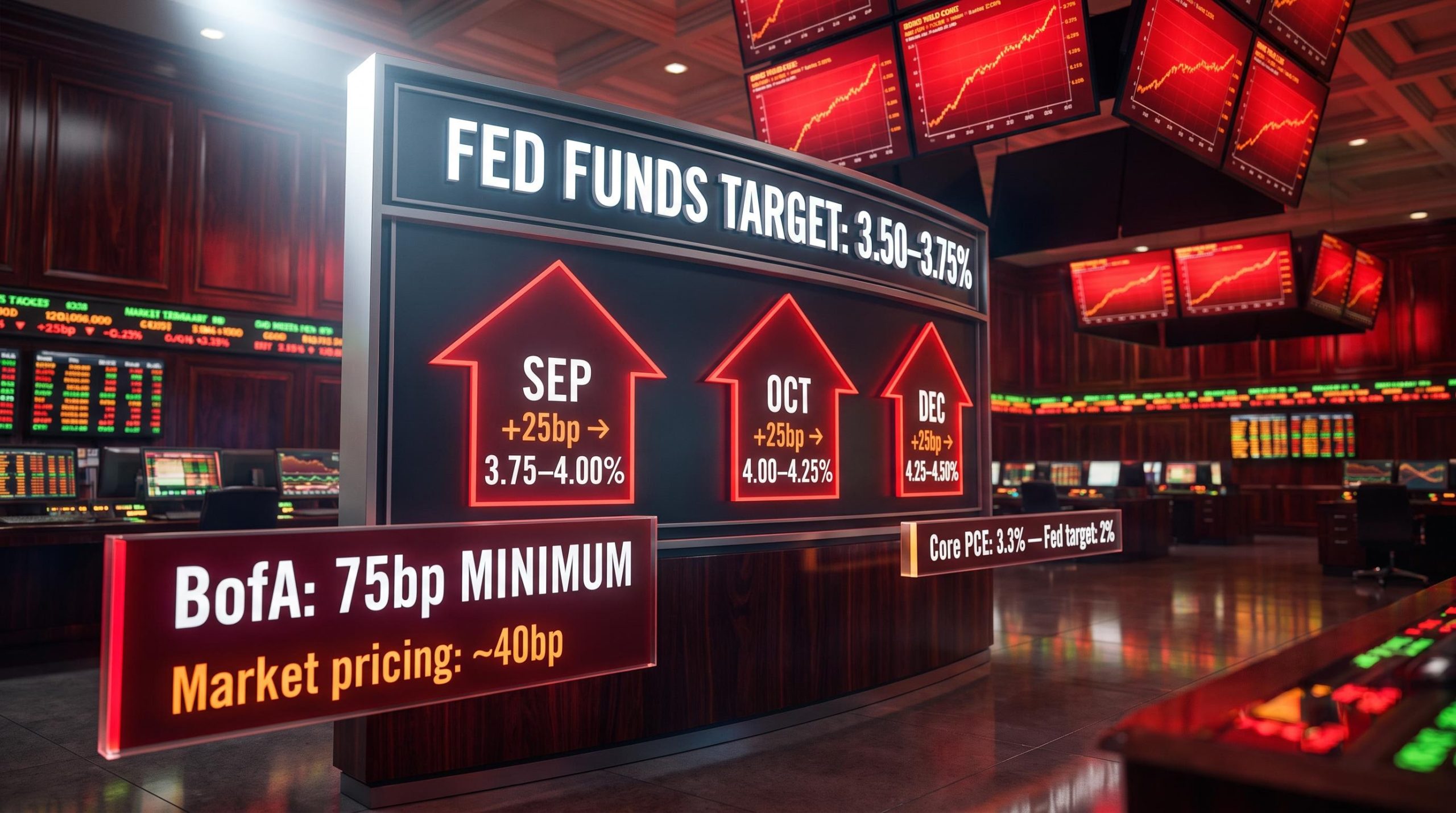 BofA rate board showing 75bp Fed rate hike path to 4.25–4.50% against market's 40bp pricing