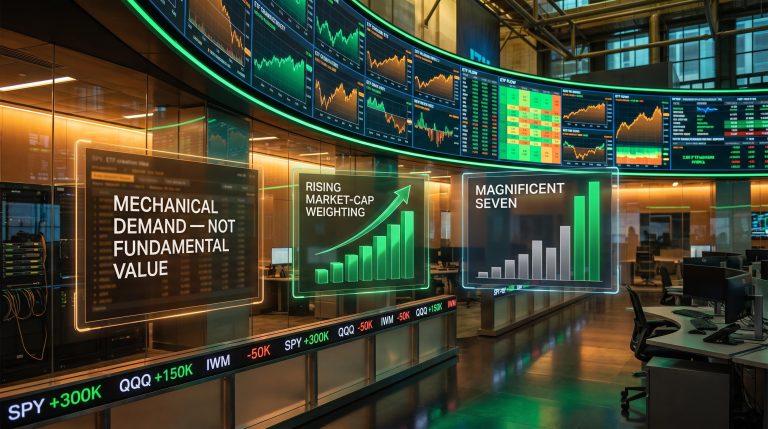 ETF flow mechanics shown on glowing market screens with concentration data and non-fundamental demand panels