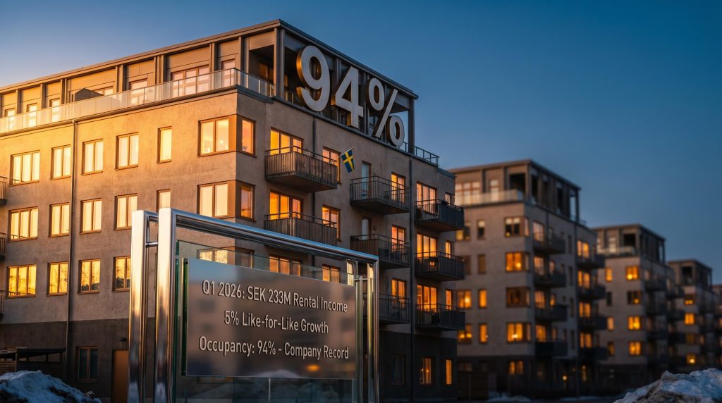 Helsingborg apartment building showing 94% occupancy with Q1 2026 rental income and growth metrics displayed