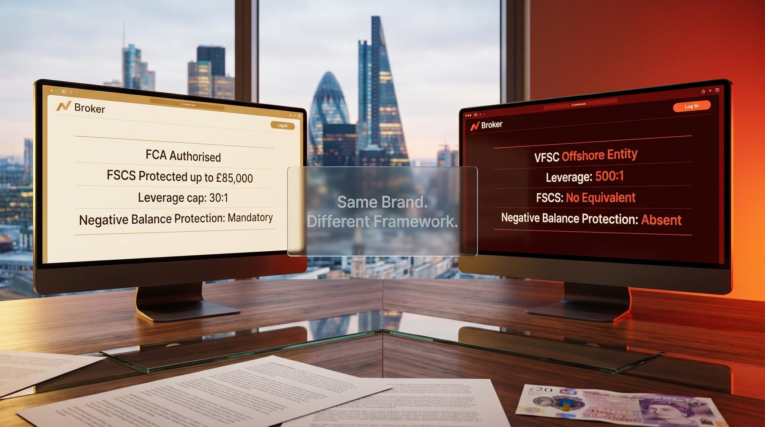 FCA vs offshore CFD broker platform comparison showing £85,000 FSCS protection against 500:1 leverage with no equivalent
