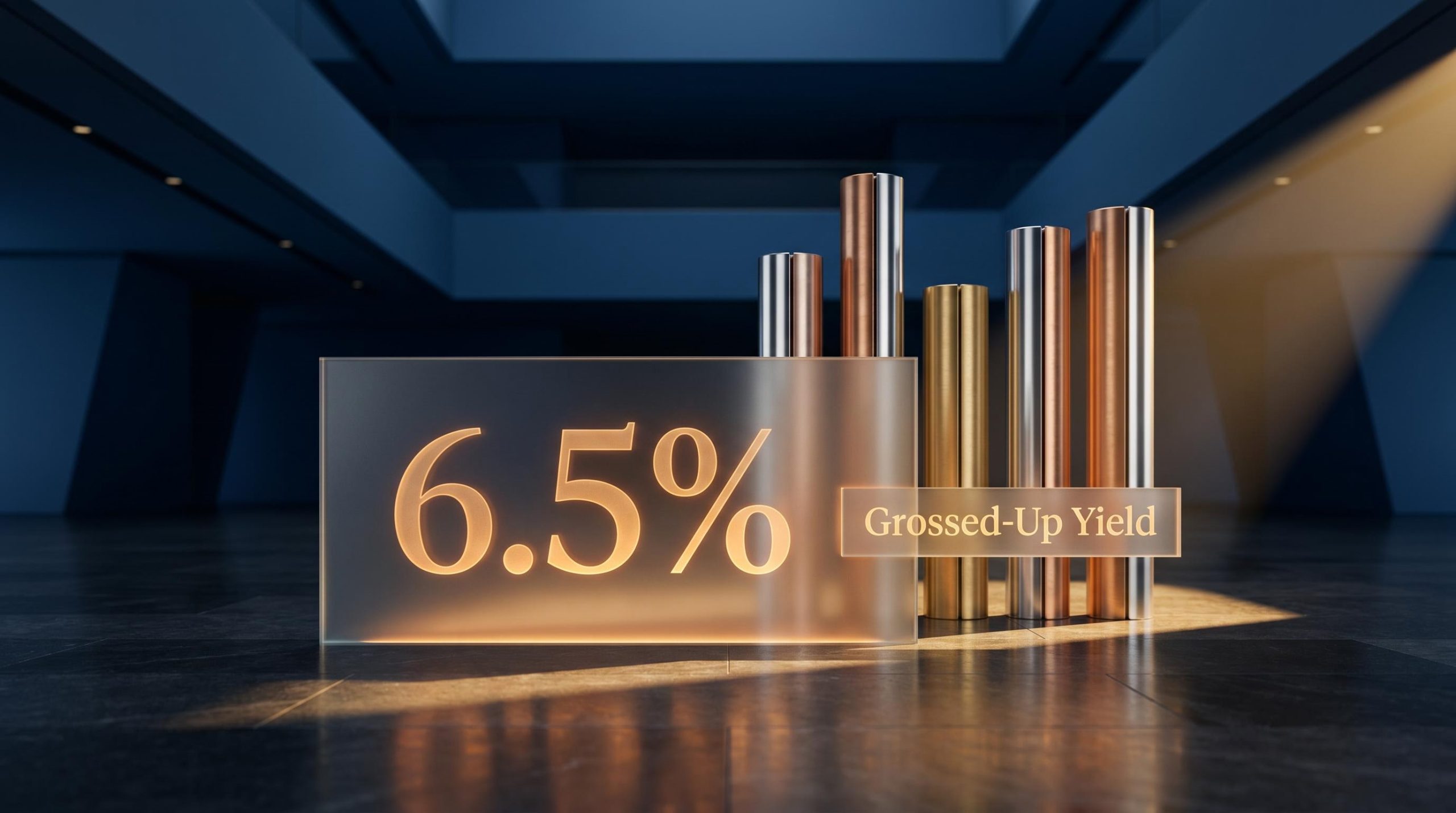 Frosted glass etched with 6.5% grossed-up NAB dividend yield, flanked by big four bank yield comparison columns
