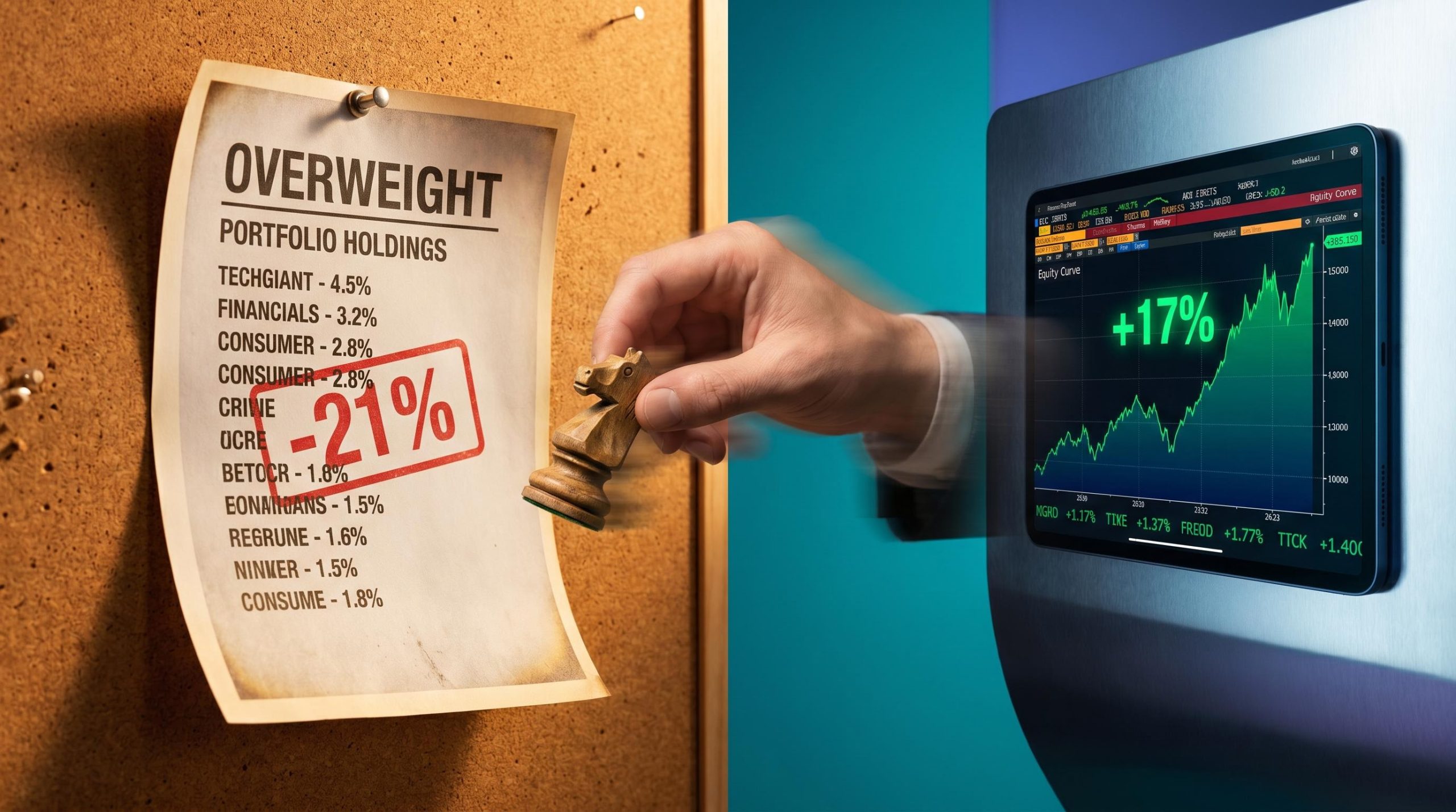 Split scene contrasting a stale fund holdings list stamped -21% with a live trade-signal screen showing 17% gain