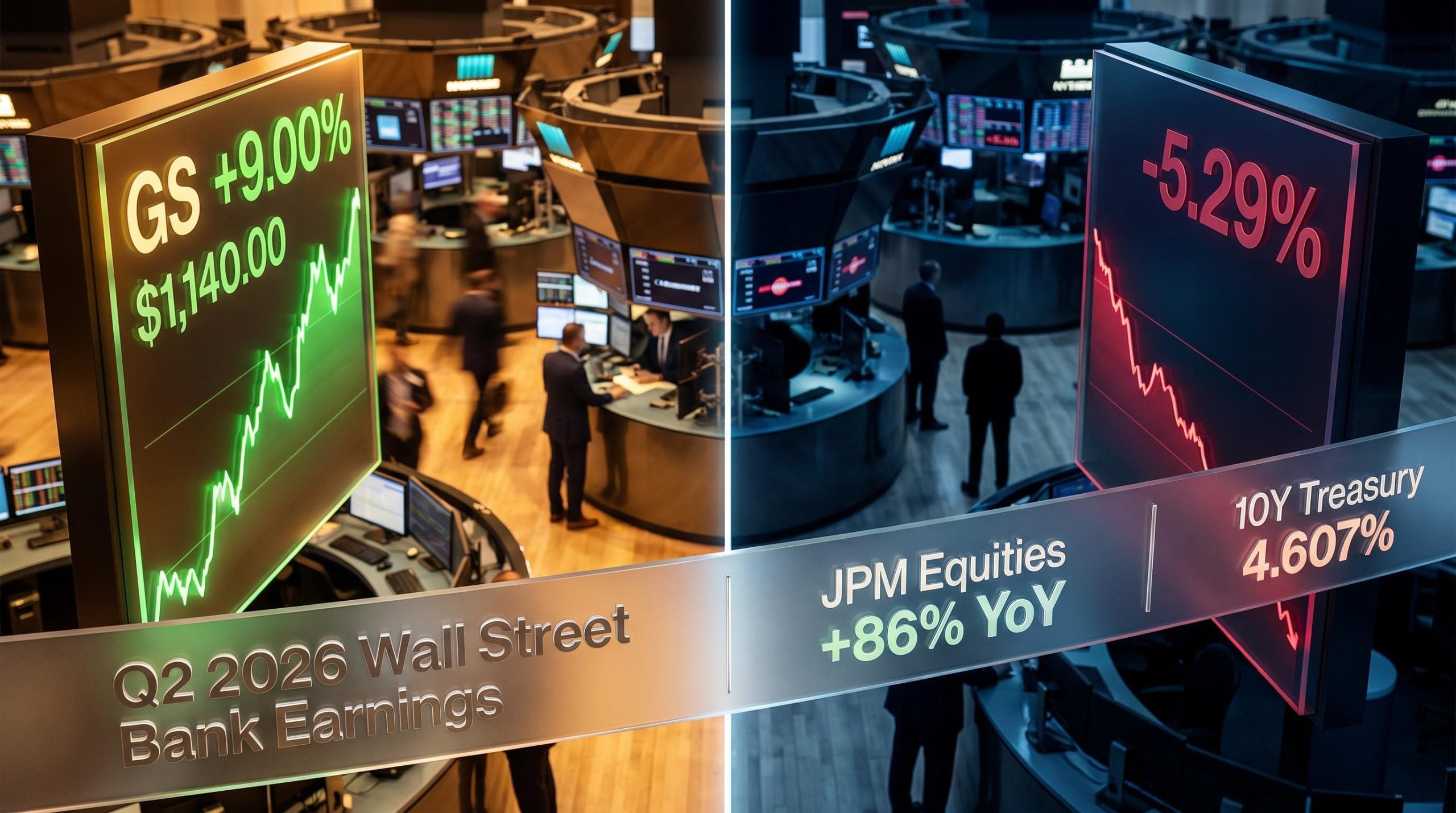 Goldman Sachs 9% vs Citigroup -5.29% split screen on Q2 2026 Wall Street bank earnings trading floor