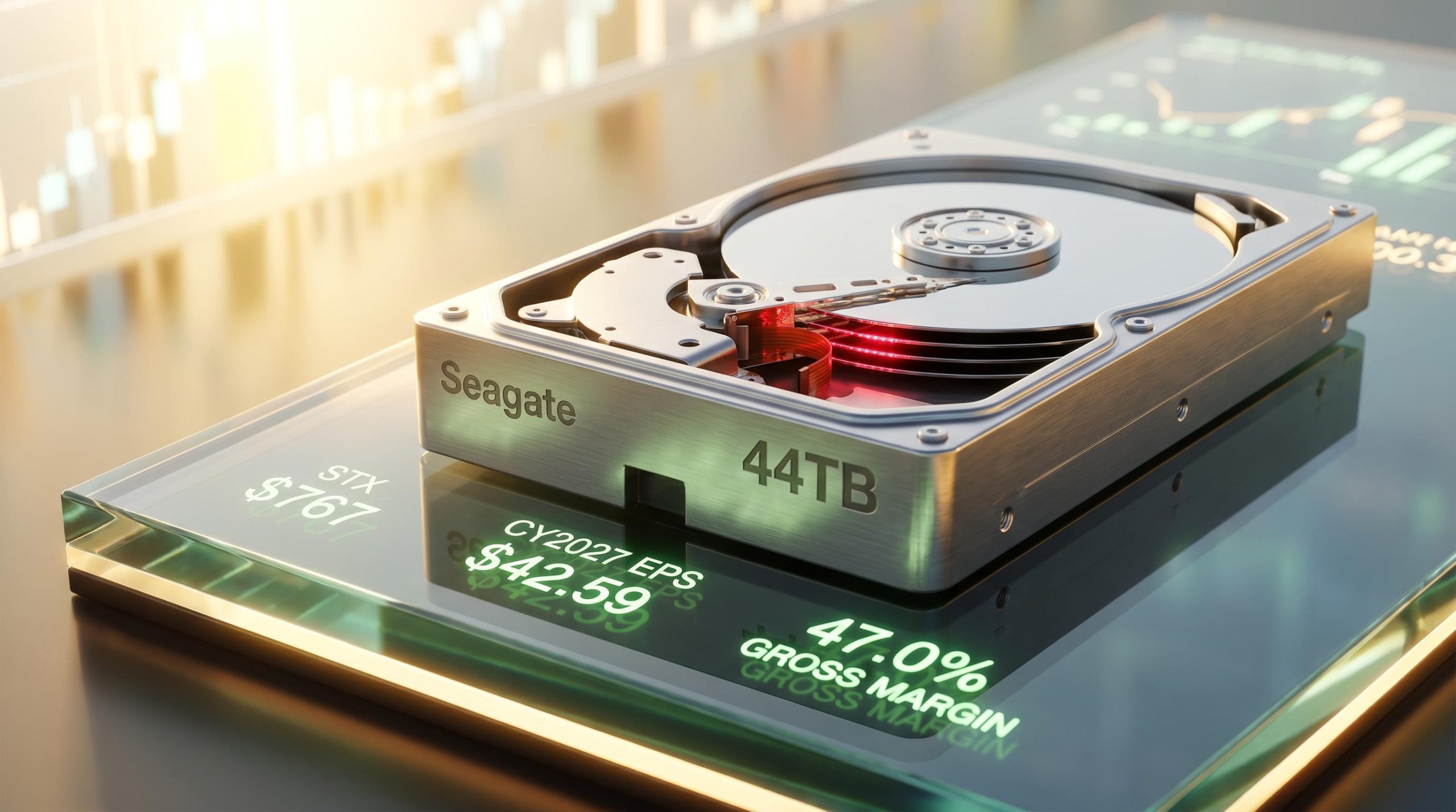 Gleaming 44TB hard drive showing STX $767 target and 47.0% margin, reflecting positive Seagate stock analysis and AI demand.