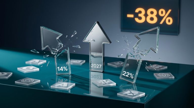 Two cracked glass rally arrows and an intact 2027 chrome arrow amid a -38% sector backdrop — Goldman Sachs AI software analysis