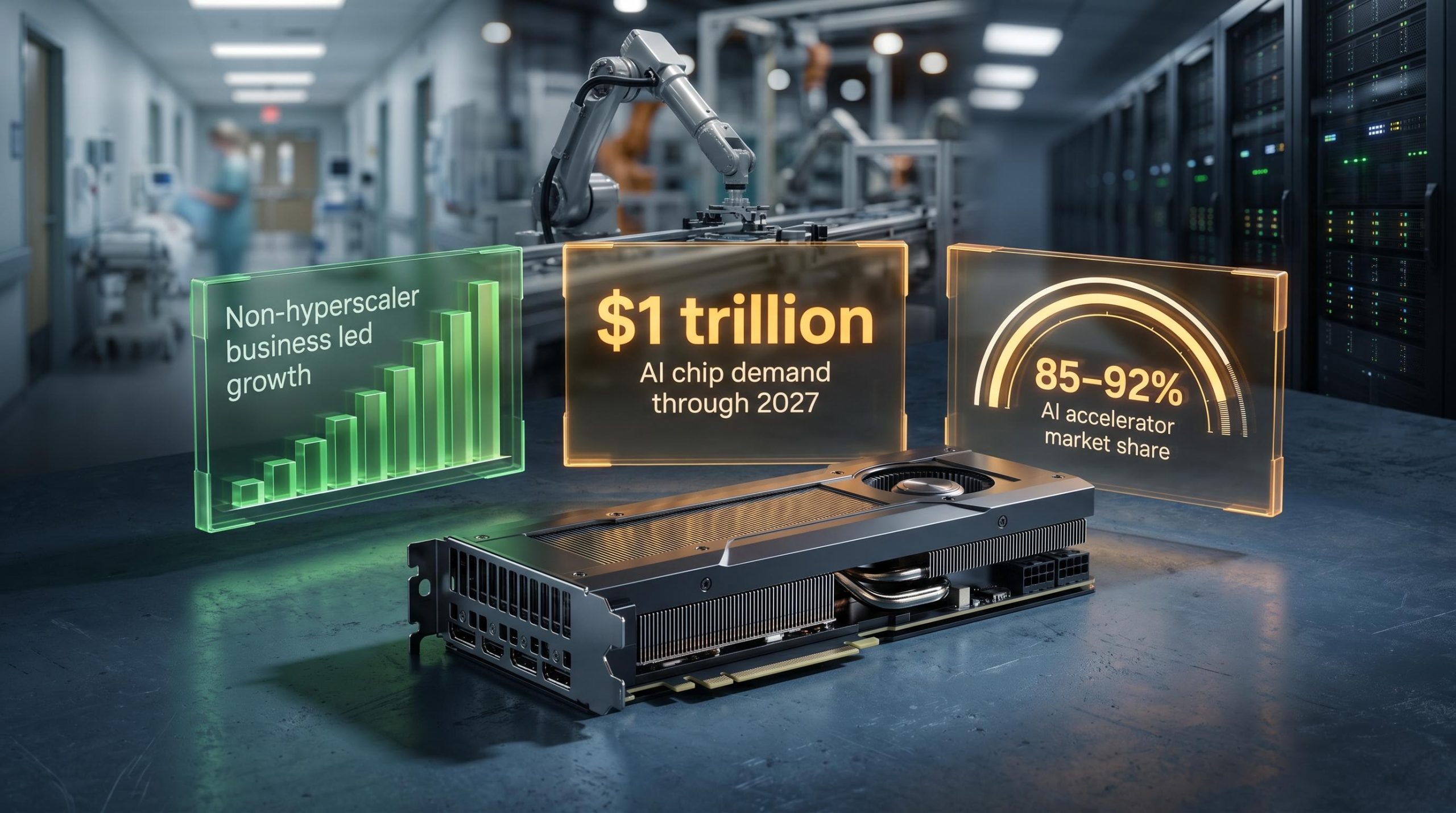 Nvidia AI accelerator GPU with enterprise, sovereign, and physical AI demand data panels showing $1 trillion chip outlook