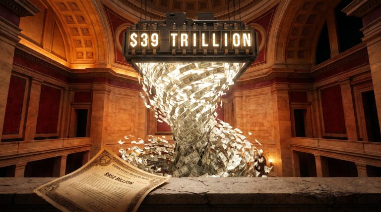 Colossal US debt counter showing $39 trillion above a spiraling cascade of Treasury bills in a marble chamber