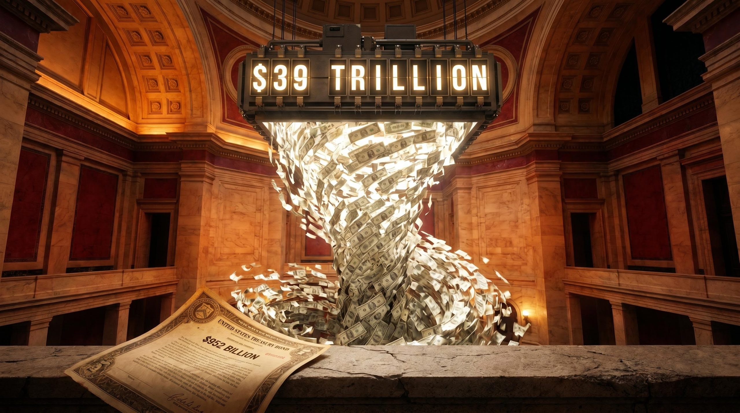 Colossal US debt counter showing $39 trillion above a spiraling cascade of Treasury bills in a marble chamber