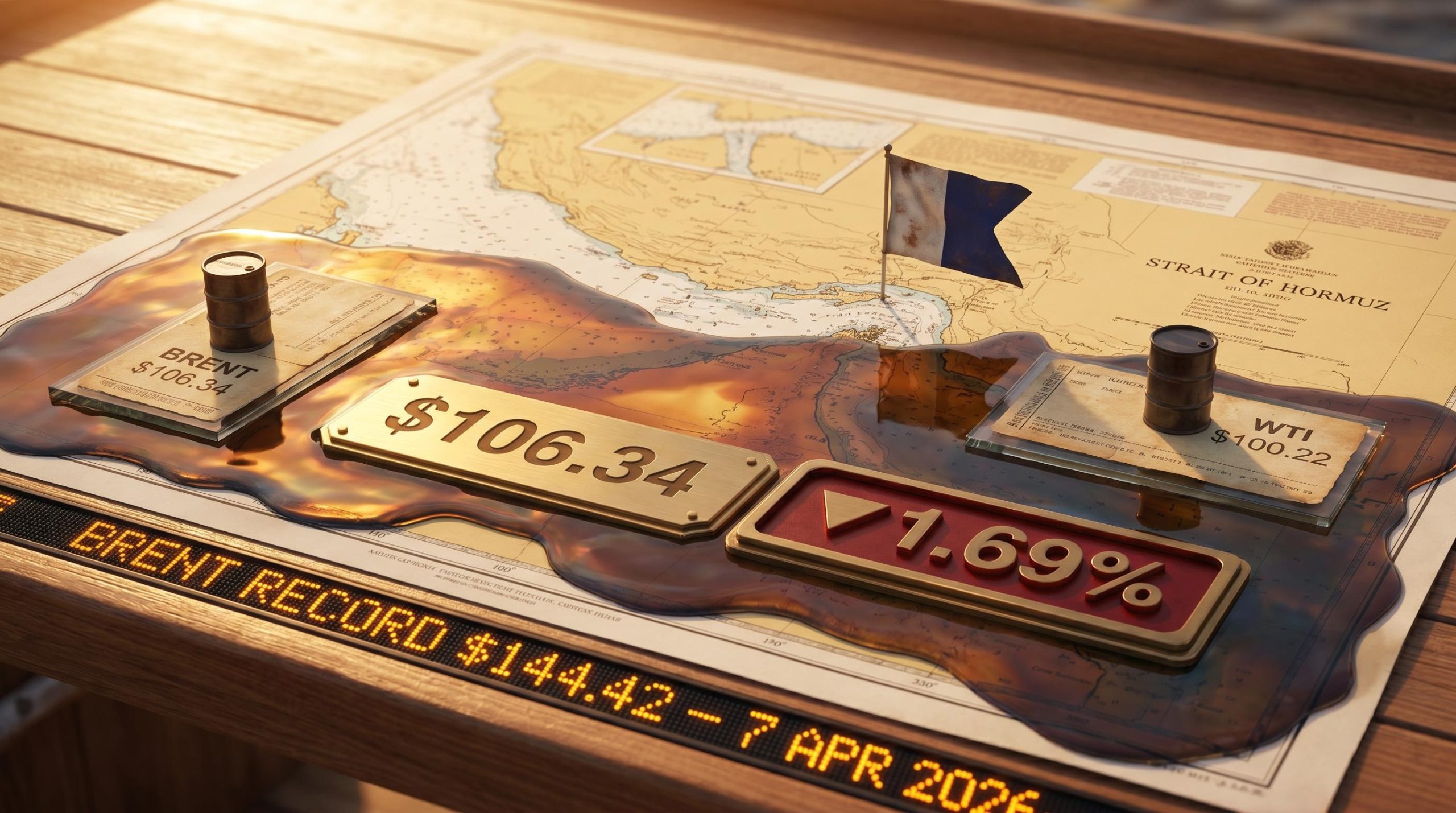 Strait of Hormuz nautical chart submerged in crude oil with Brent price $106.34 and 1.69% decline markers