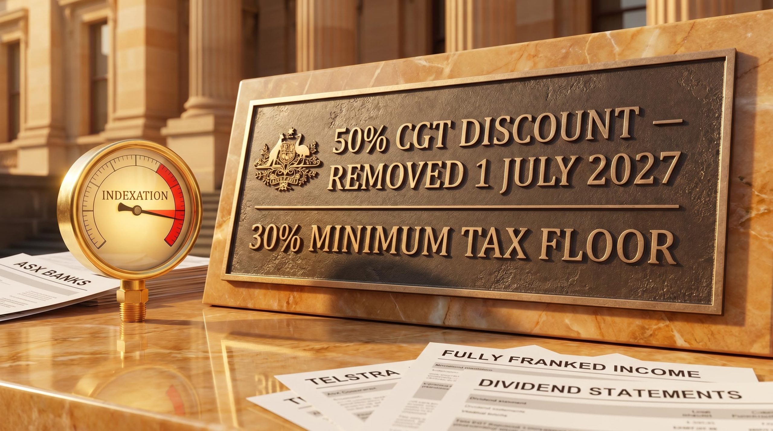 Bronze CGT reform plaque engraved '50% discount removed 1 July 2027' anchoring Australian investment tax reform analysis