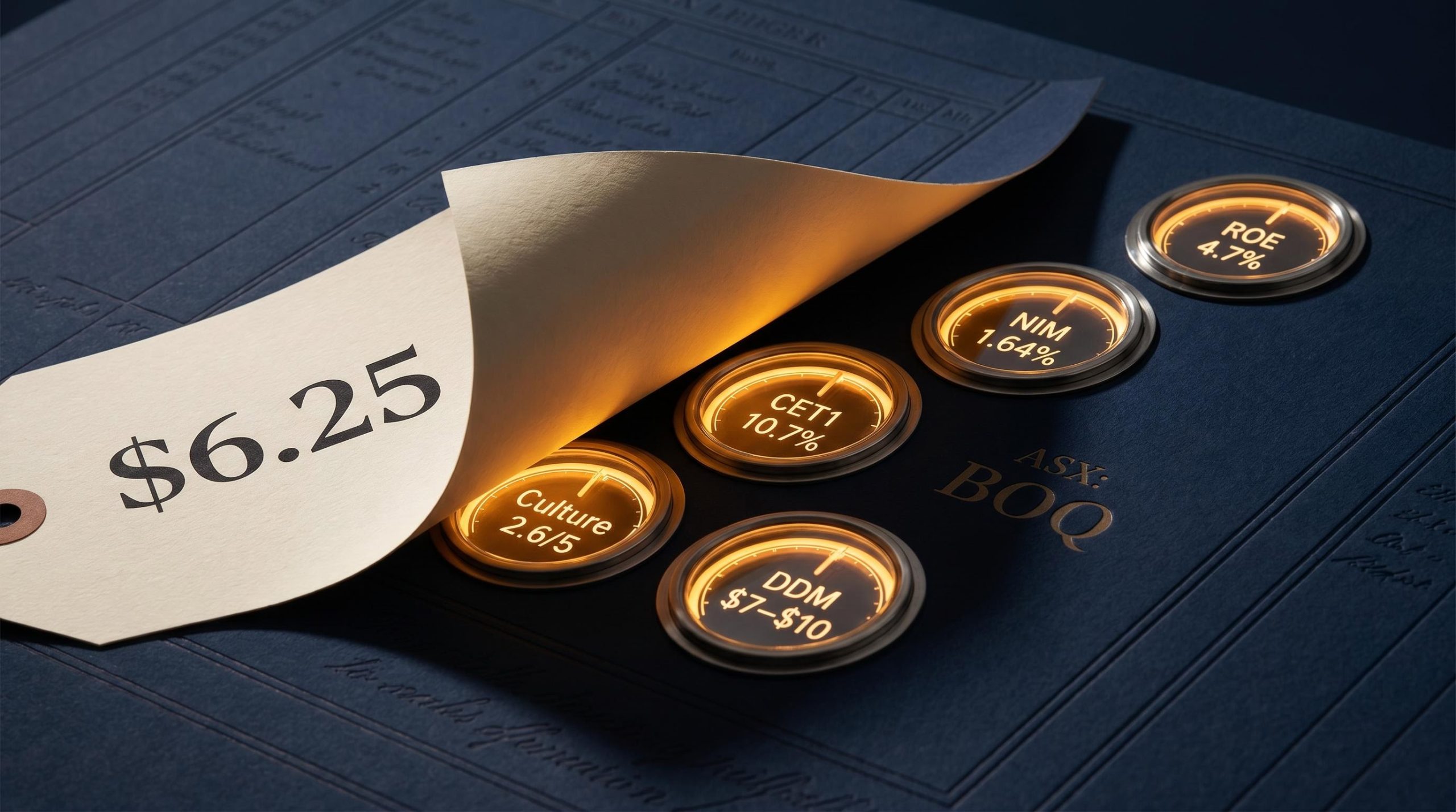 BOQ price tag peeled back revealing five bank stock analysis gauges including ROE 4.7% and DDM $7–$10