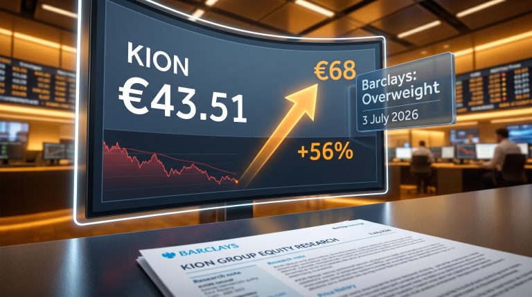 Kion Group €43.51 share price screen vs Barclays €68 target showing 56% upside gap in warehouse automation analysis