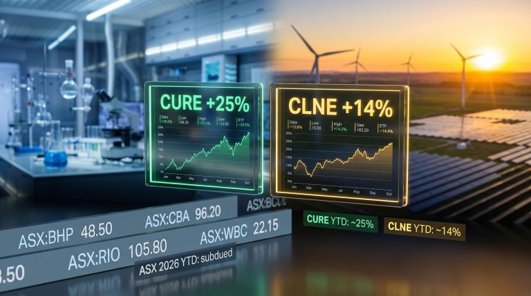CURE and CLNE ETF ticker panels showing 25% and 14% gains against a flat ASX benchmark in 2026