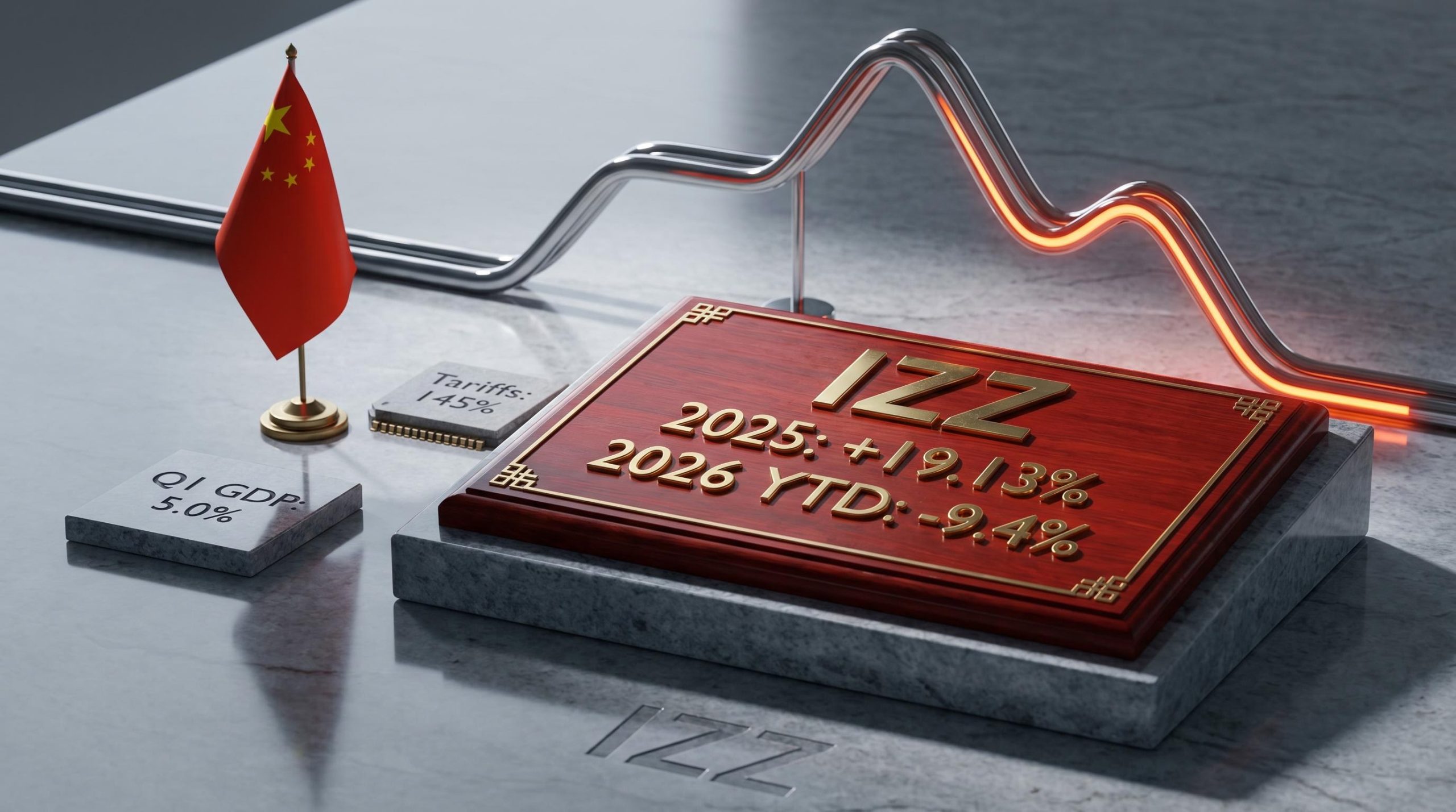 IZZ China ETF ASX plaque showing 19.13% 2025 return and -9.4% 2026 decline with GDP and tariff data