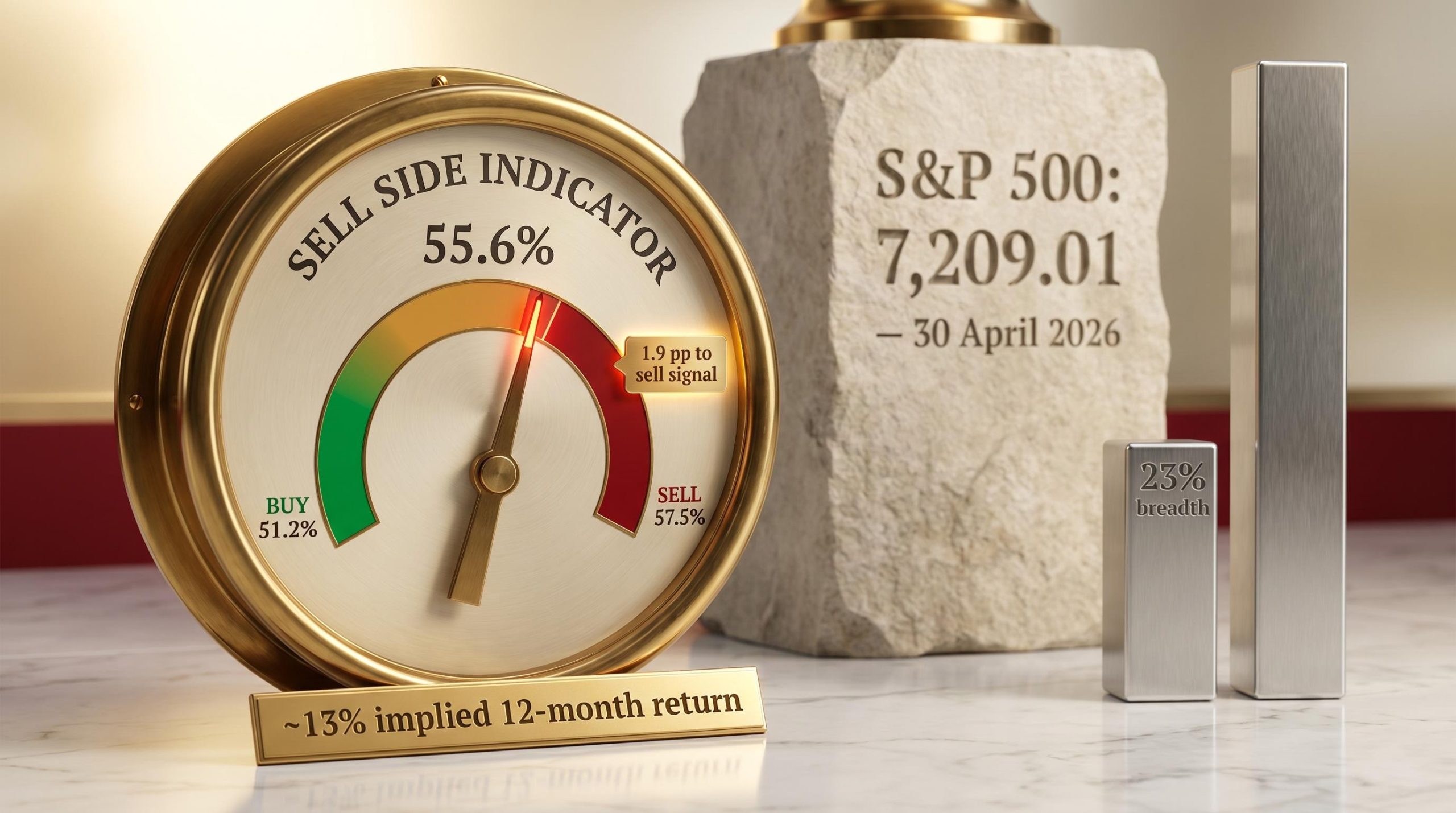 Bank of America Sell Side Indicator gauge at 55.6%, 1.9pp from sell signal, with S