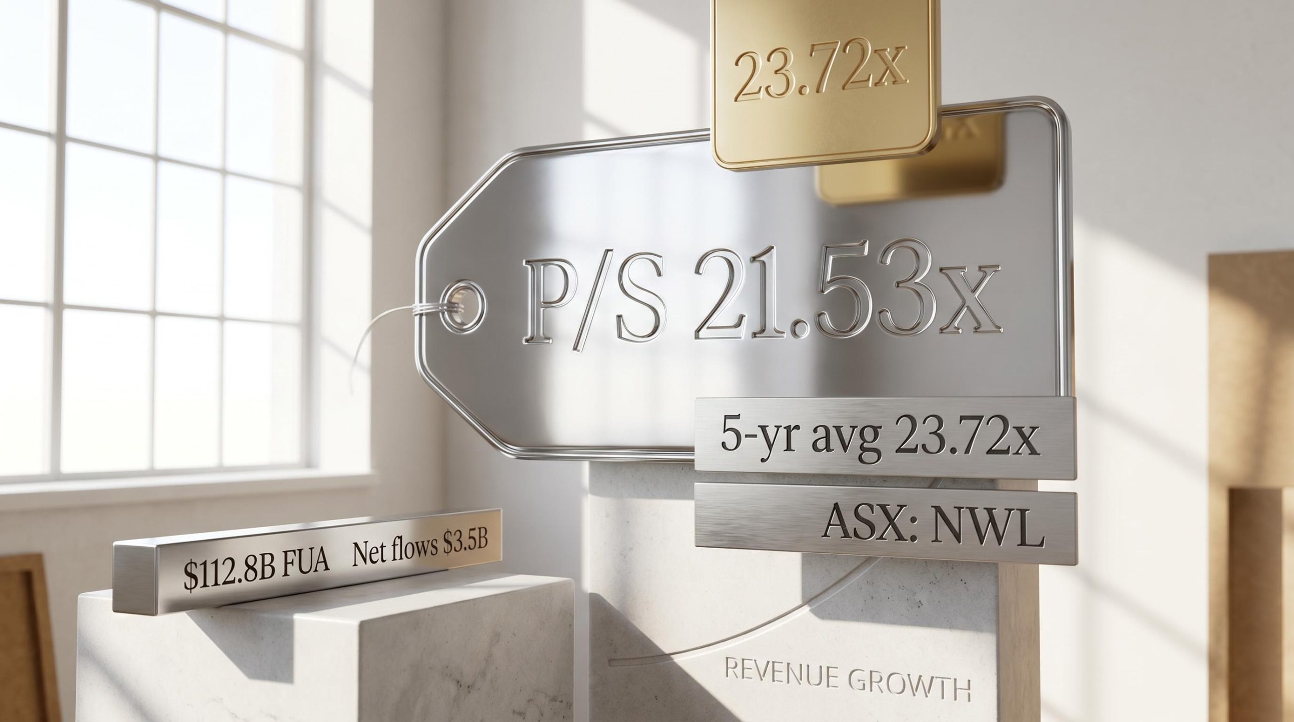 Chrome price tag showing NWL P/S ratio of 21.53x vs 5-year average 23.72x, with $112.8B FUA detail