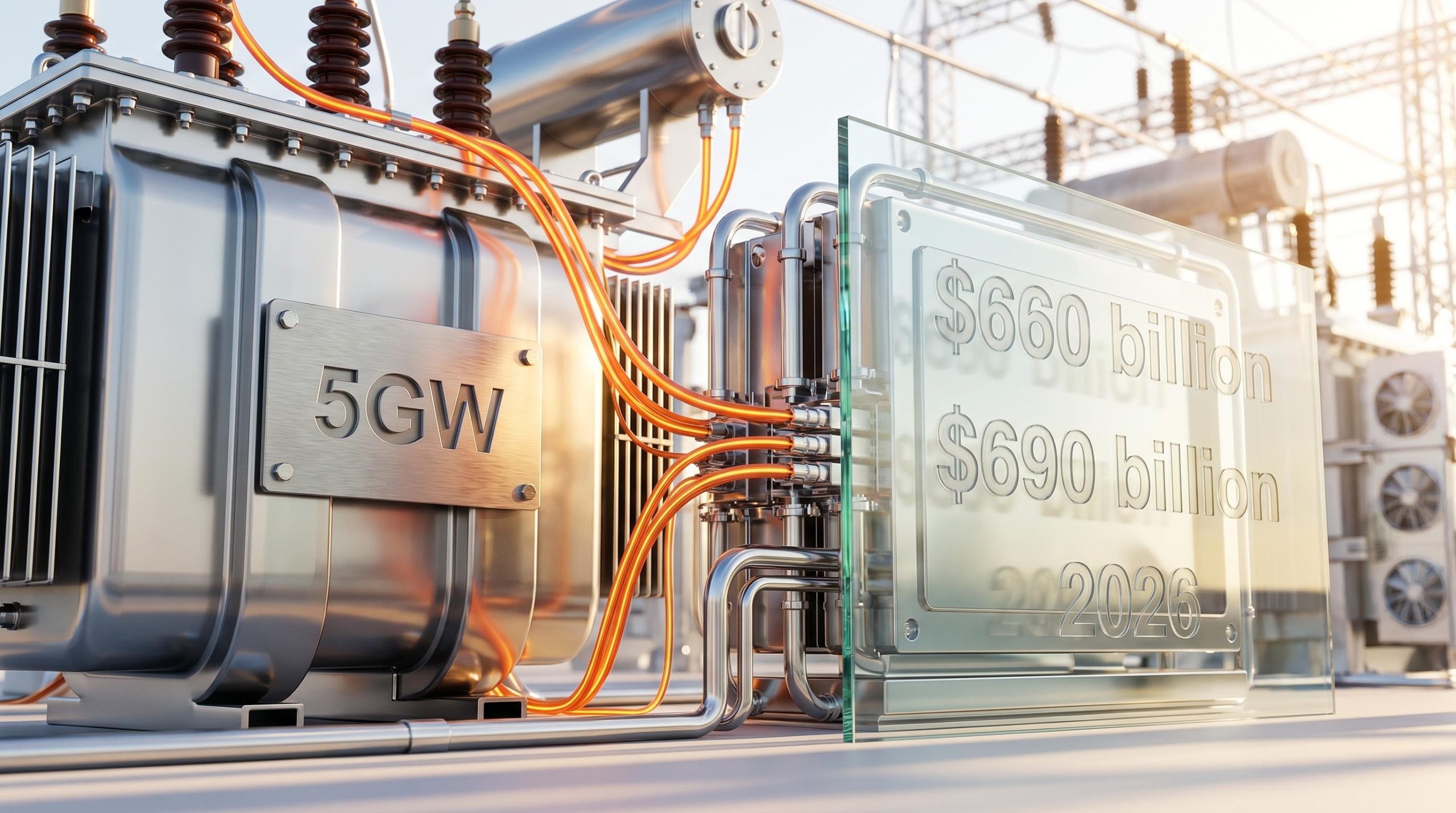 High-density processor array and power transformer displaying $660 billion and 5GW figures for AI infrastructure investment.